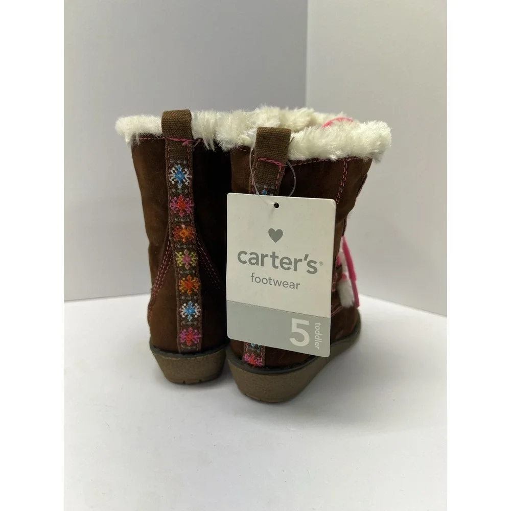 Carter's Lindsay-C Winter Boots Toddler 5 Brown Pink‎ Faux Fur Floral Embroidery